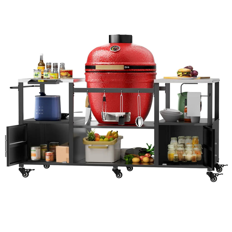 Outdoor Grill Table For Big Egg Style Bbq With Metal Grill Cart And Storage Box And Metal And Stainless Steel - Black / Silver by HouseOfZazla