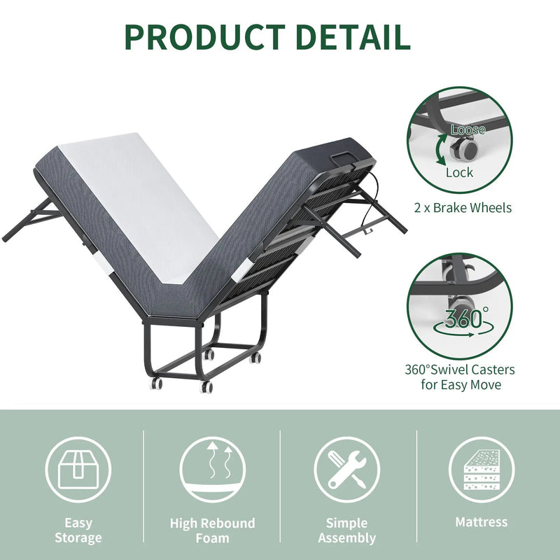 Twin Wide Folding Bed For Tall People, Extra Long & Wide Rollaway With Memory Foam, Heavy-Duty Capacity Guest, Spacious Portable Cot - Black by Unique Piece Furniture