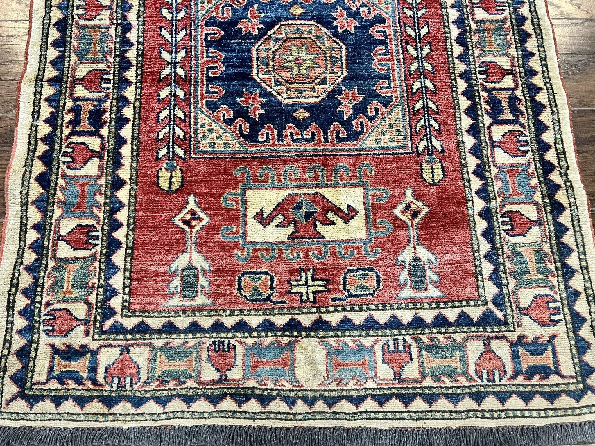 Turkish Kazak Rug 3x4, Wool Hand Knotted Small Vintage Carpet, Red Navy Blue, 3 x 4 Oriental Rug, Geometric Design by Jewel Rugs