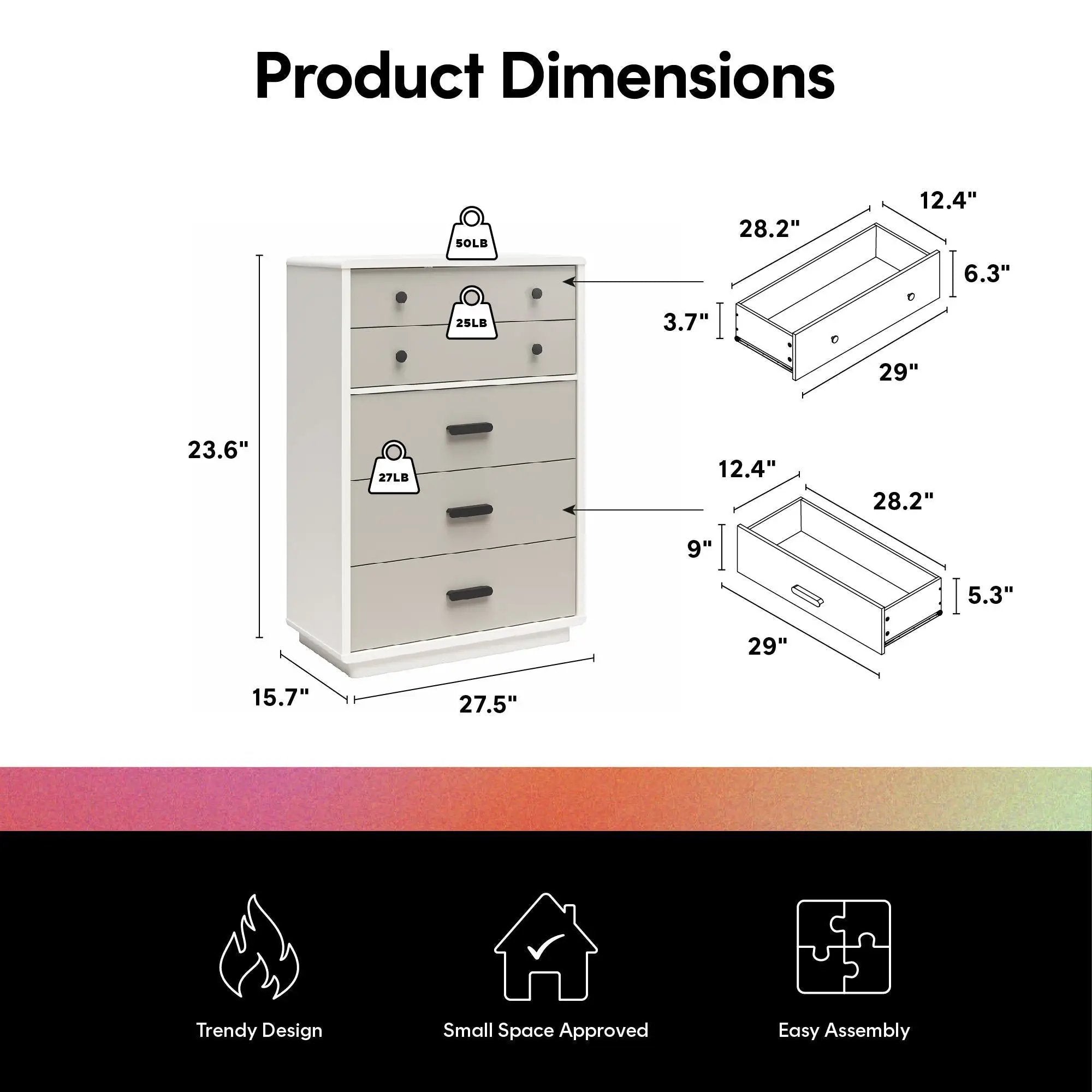 Valencia - 5 Drawer Dresser - White / Gray by HouseOfZazla