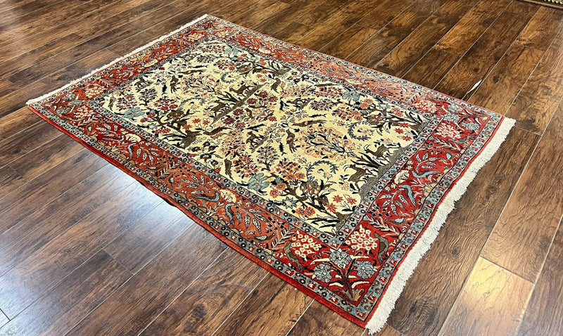 Persian Tree of Life 5x7, Qum Rug, Animal Motifs, Deer Birds, Fine 225 KPSI, Semi Antique Wool Rug, Cream Red by Jewel Rugs
