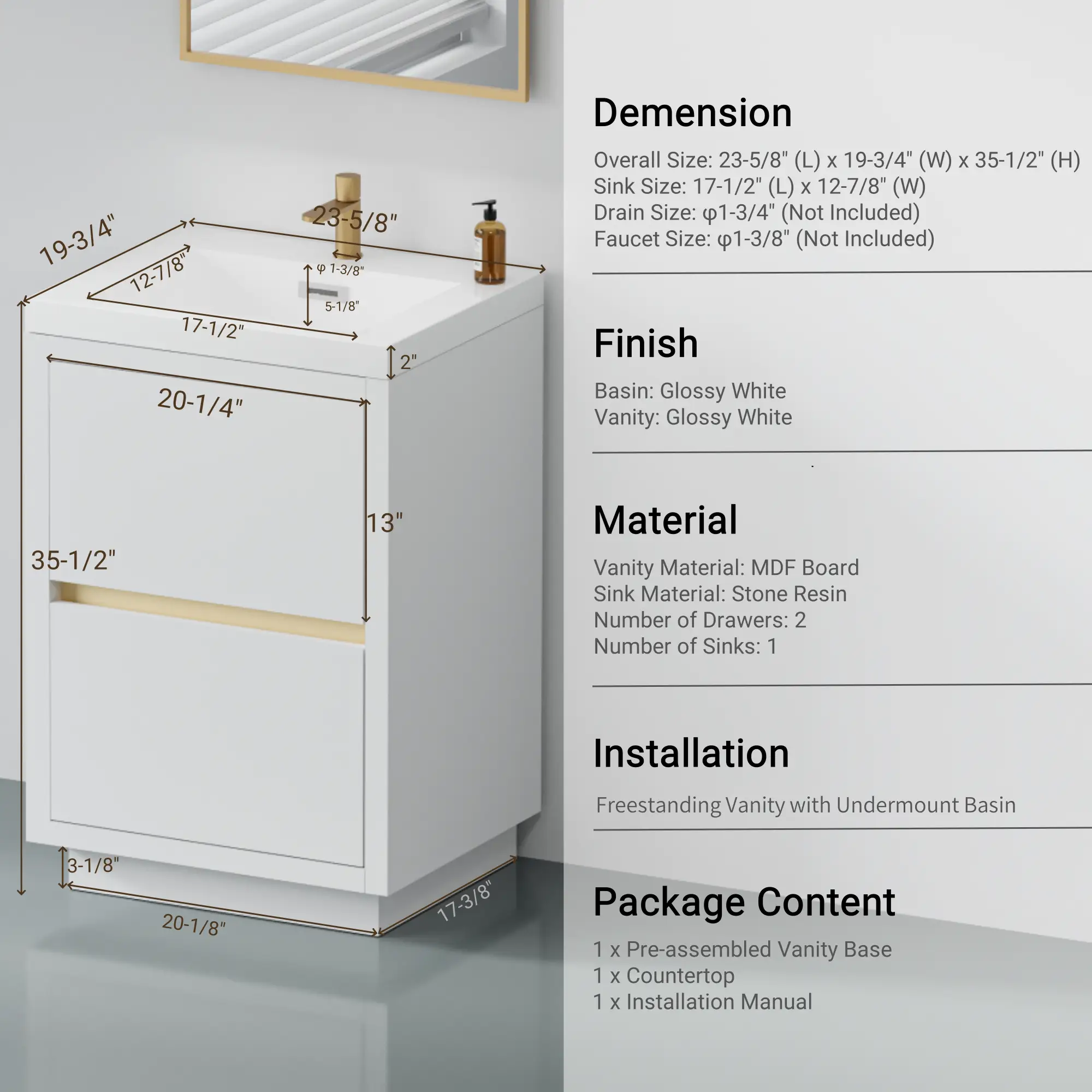 24" Freestanding Bathroom Vanity with Sink and Storage Cabinet by HouseOfZazla