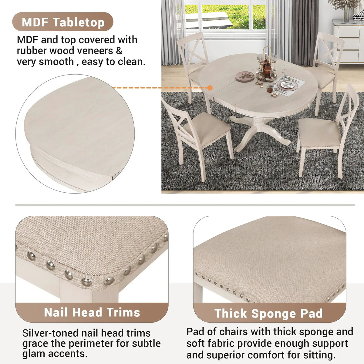 Modern Dining Table Set For 4, Round Table And 4 Kitchen Room Chairs, 5 Piece Kitchen Table Set For Dining Room, Dinette, Breakfast Nook, photo 9 of 14