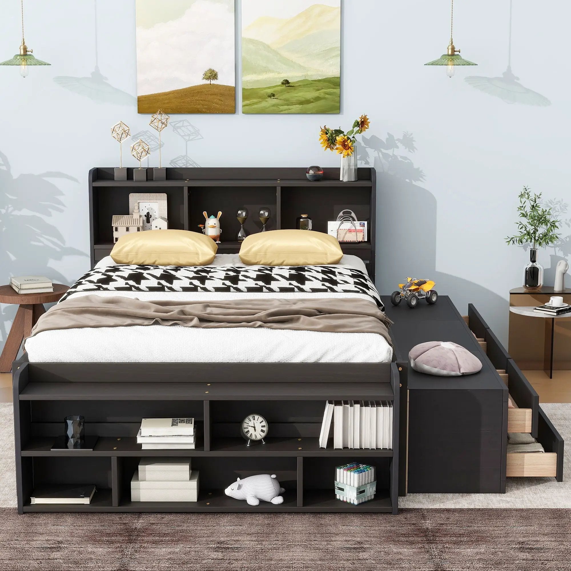 Bed With Bookcase Headboard, Under Bed Storage Drawers And Bed End Storage Case by Unique Piece Furniture