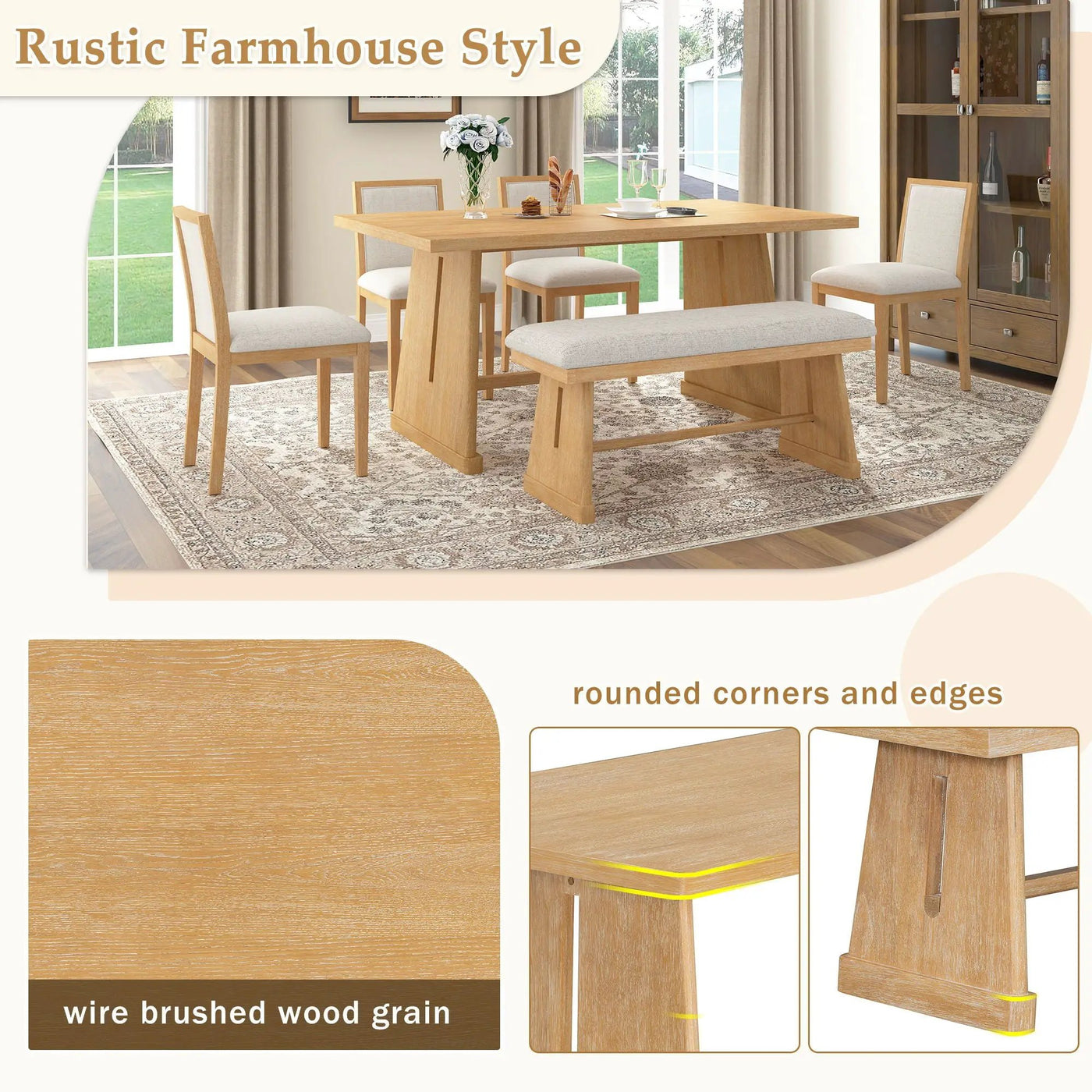 Dining Set With Rectangular Table, 4 Upholstered Chairs & 1 Padded Bench by Unique Piece Furniture