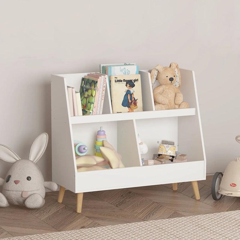 Kids Bookshelf And Toy Organizer, 5 Cubbies Wooden Open Bookcase, 2-Tier Baby Storage Display Organizer With Legs, Free Standing For Playing Room, Bedroom, Nursery, Classroom - White by HouseOfZazla
