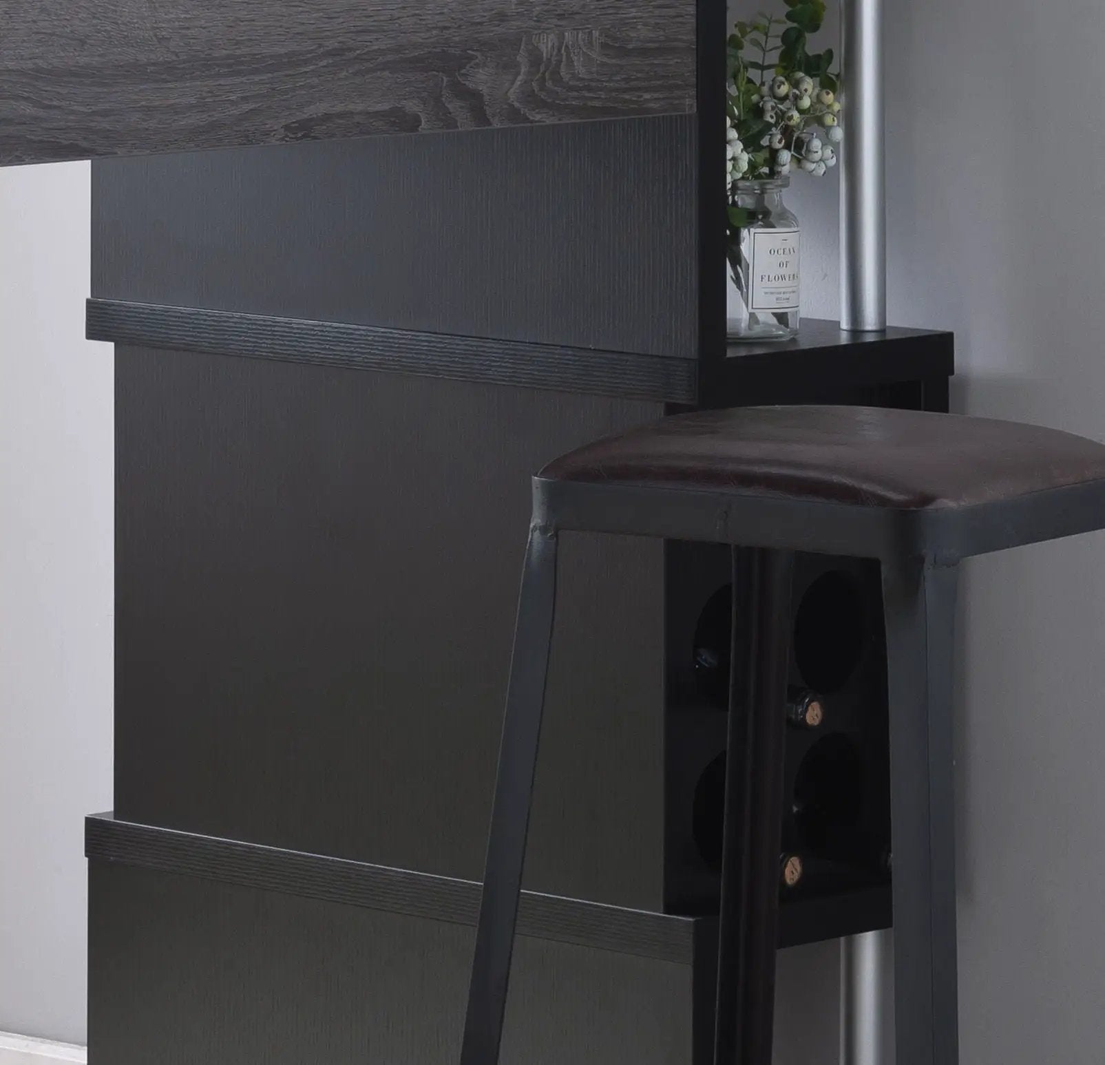 Home Bar Table With Wine Glass Compartment And Three Shelves - Distressed Gray / Black by Unique Piece Furniture