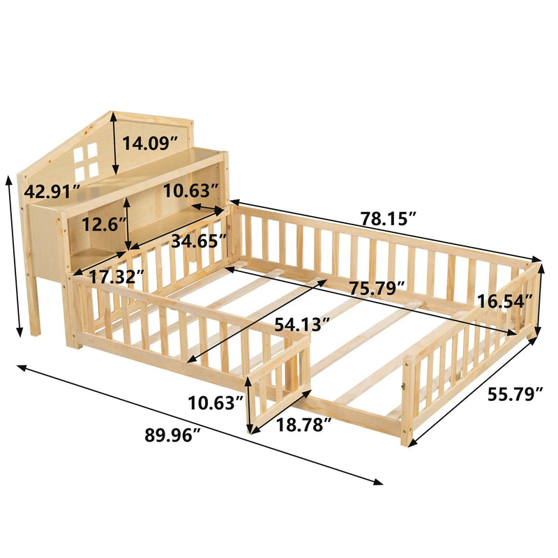 Full Size Montessori Floor Bed With Bookcases And boards, Solid Wood Platform Bed With Guard Rails And Storage Headboards - Natural by HouseOfZazla