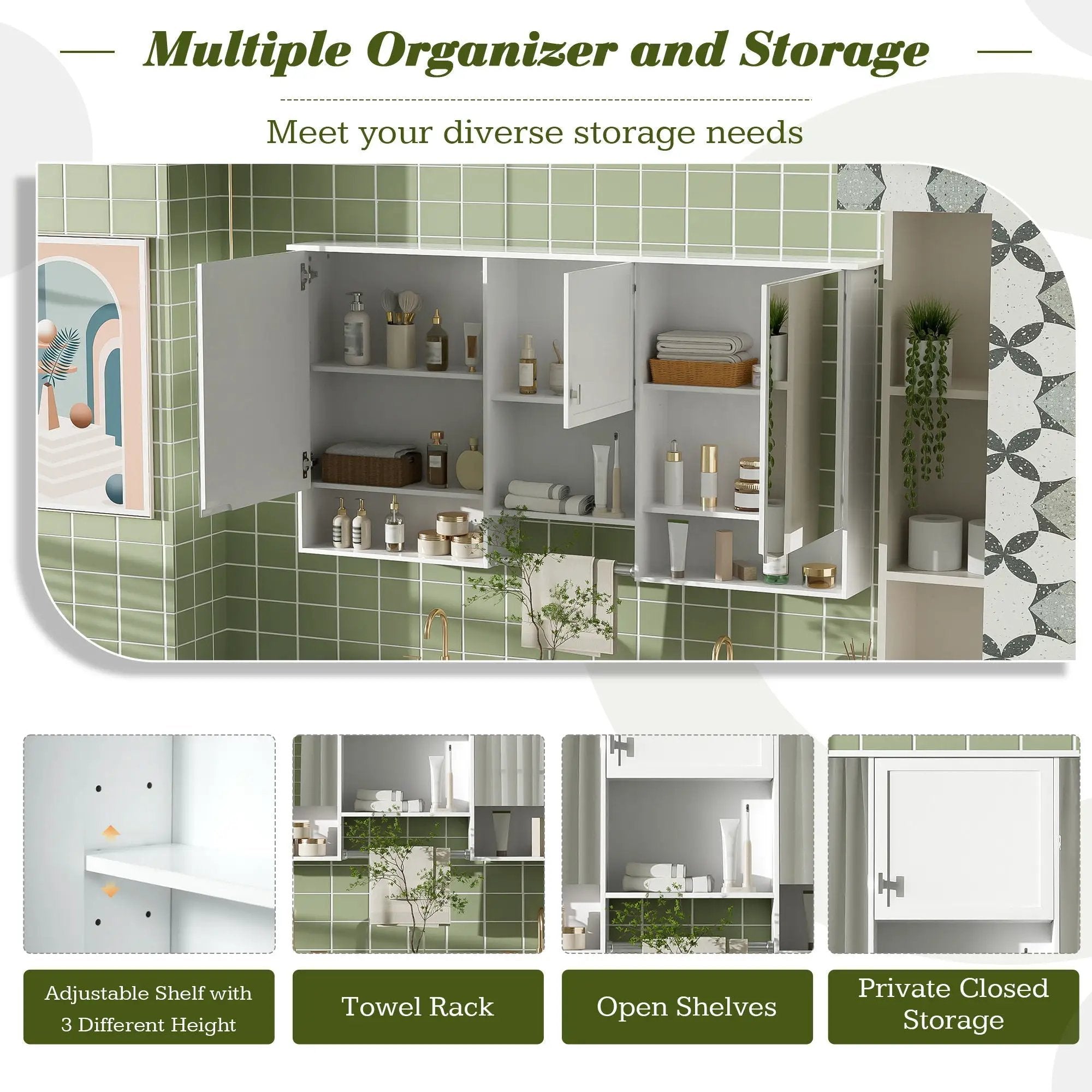 Wall-Mount 3-In-1 Mirror Cabinet With Adjustable Shelf, Soft-Closing Hinges, Rectangular Design - White by Unique Piece Furniture