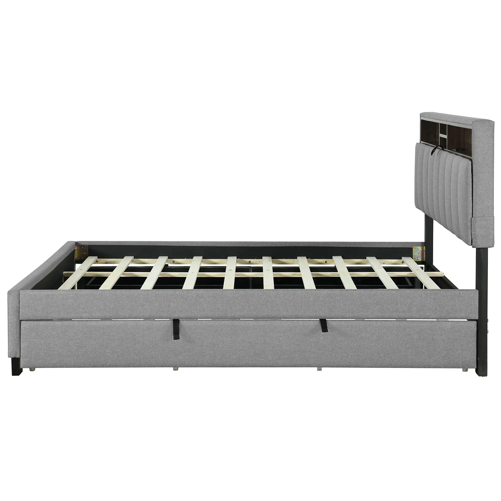 Upholstered Platform Bed With Storage Headboard, Trundle & 2 Drawers And A Set Of Sockets & USB Ports by Unique Piece Furniture