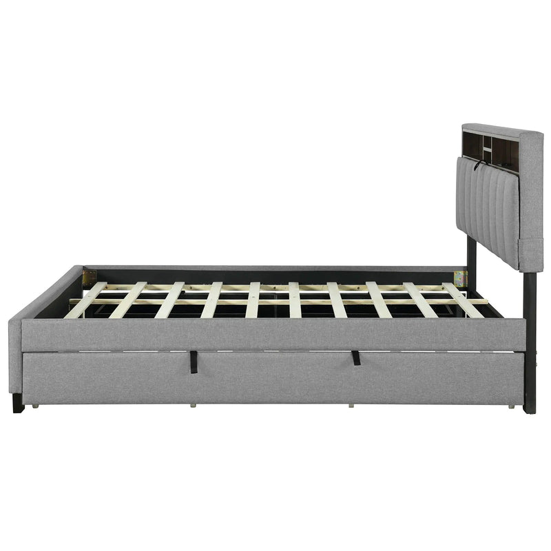 Upholstered Platform Bed With Storage Headboard, Trundle & 2 Drawers And A Set Of Sockets & USB Ports by HouseOfZazla