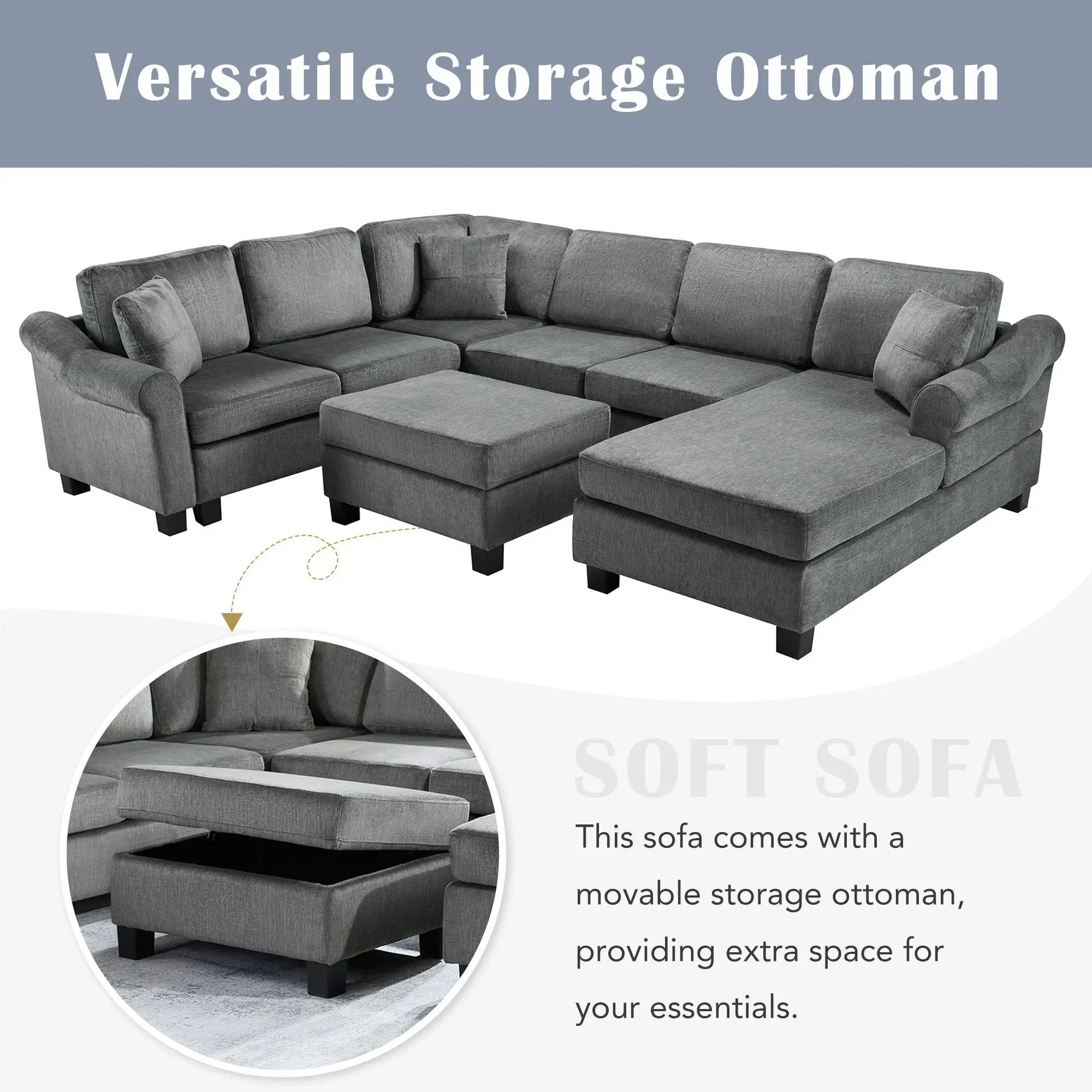 Contemporary U - Shaped Sectional Sofa With Movable Storage Ottoman by HouseOfZazla