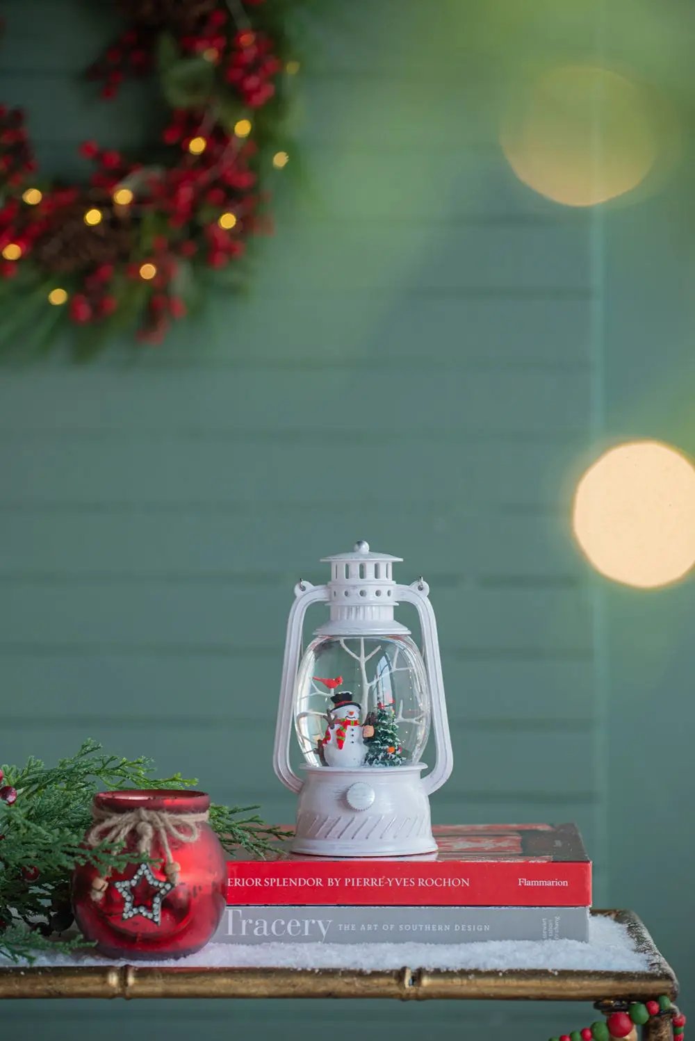 Christmas Plastic / Resin Lantern With Snowman & Tree LED / Water Spinning / 6 Hours Timer, 3*AA Batteries Required - White / Multi by HouseOfZazla
