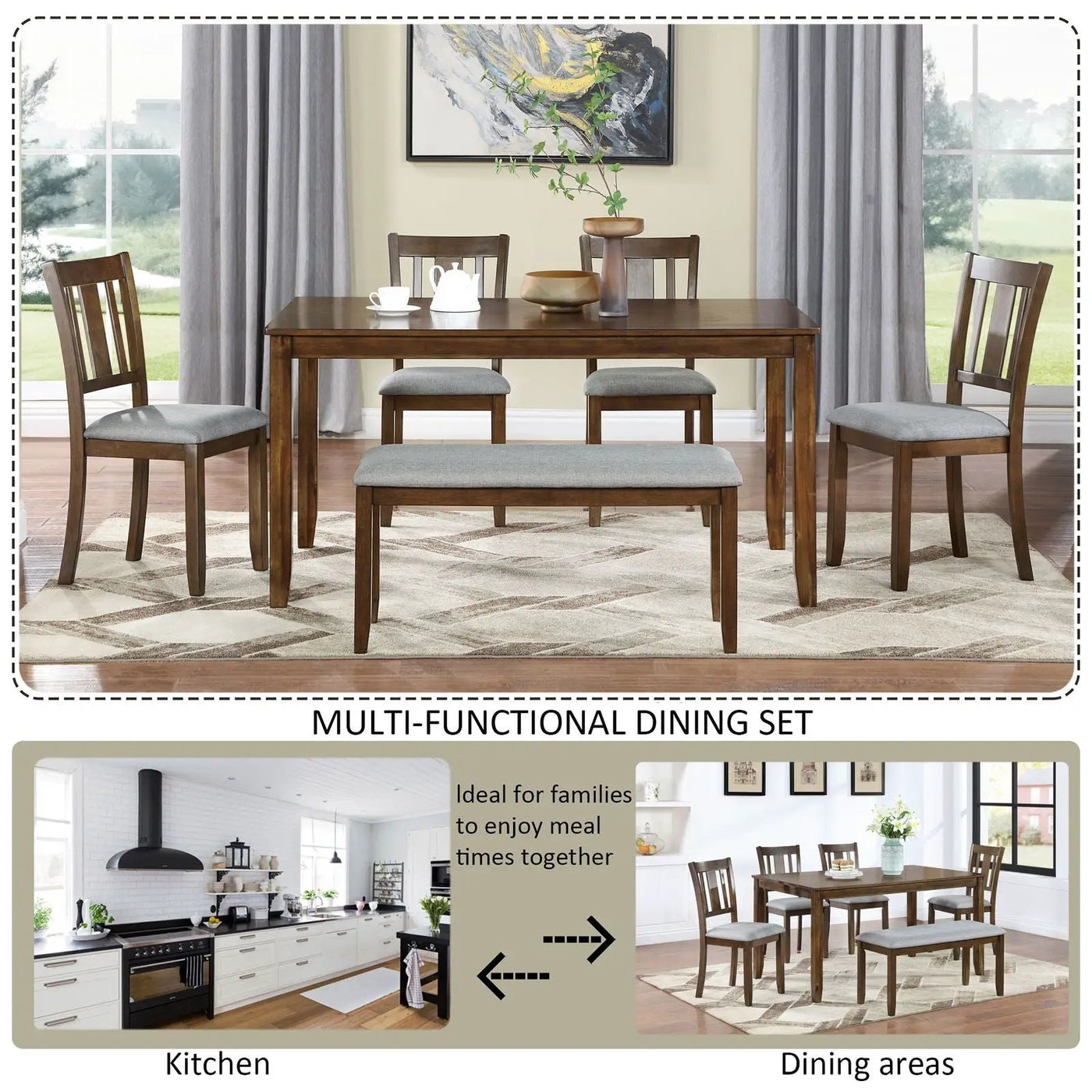 6 Pieces Kitchen Dining Set, Rectangular Wooden Dining Table With 4 Upholstered Chairs And A Bench by HouseOfZazla