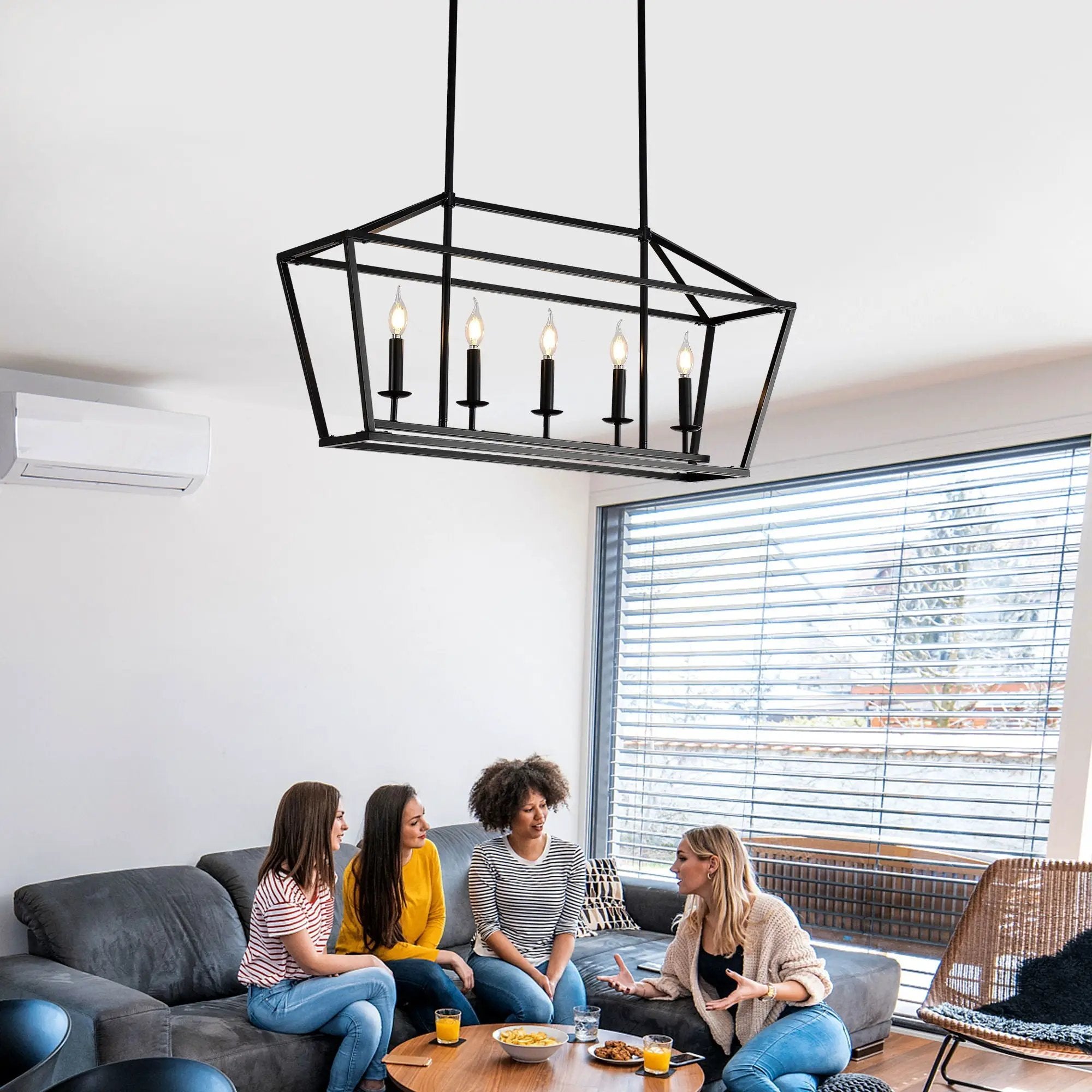 5 Light Farmhouse Kitchen Island Lighting, 5 Light Industrial Linear Chandelier For Dining Room Metal Hanging Pendant Light Fixture For Bedroom Living Room Hallway Conference Room - Matte Black by HouseOfZazla
