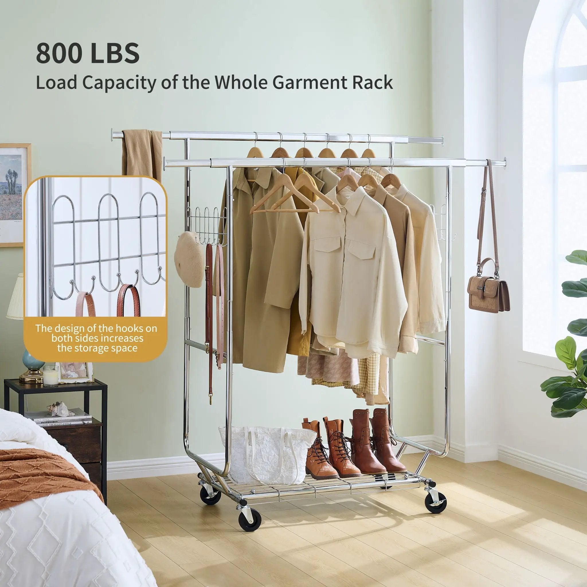 Heavy Duty Double Clothing Garment Rack With Shelves - Silver by Unique Piece Furniture