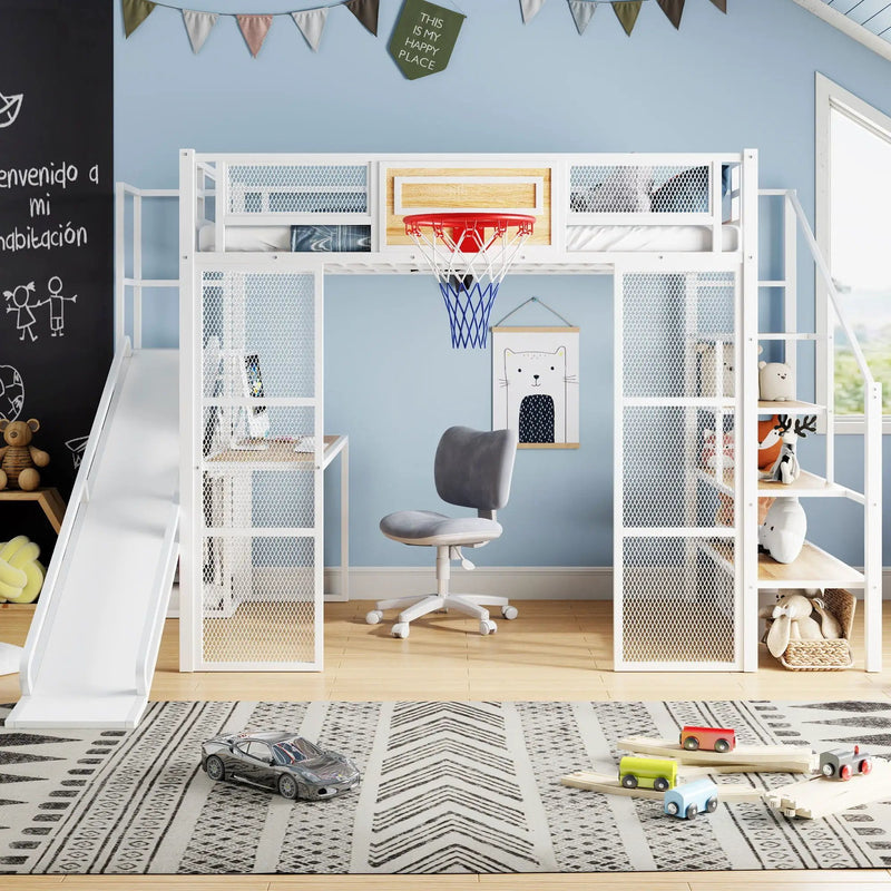 Loft Bed With Built In Desk, Open Wardrobe, Basketball Hoop, Slide And Staircase by Unique Piece Furniture