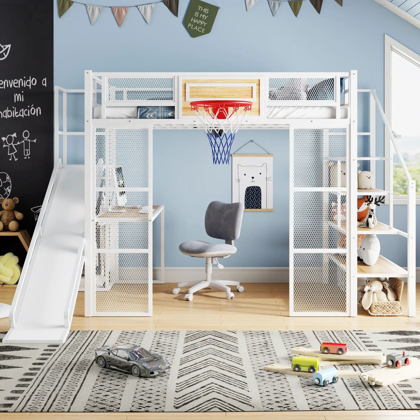 Loft Bed With Built In Desk, Open Wardrobe, Basketball Hoop, Slide And Staircase by Unique Piece Furniture