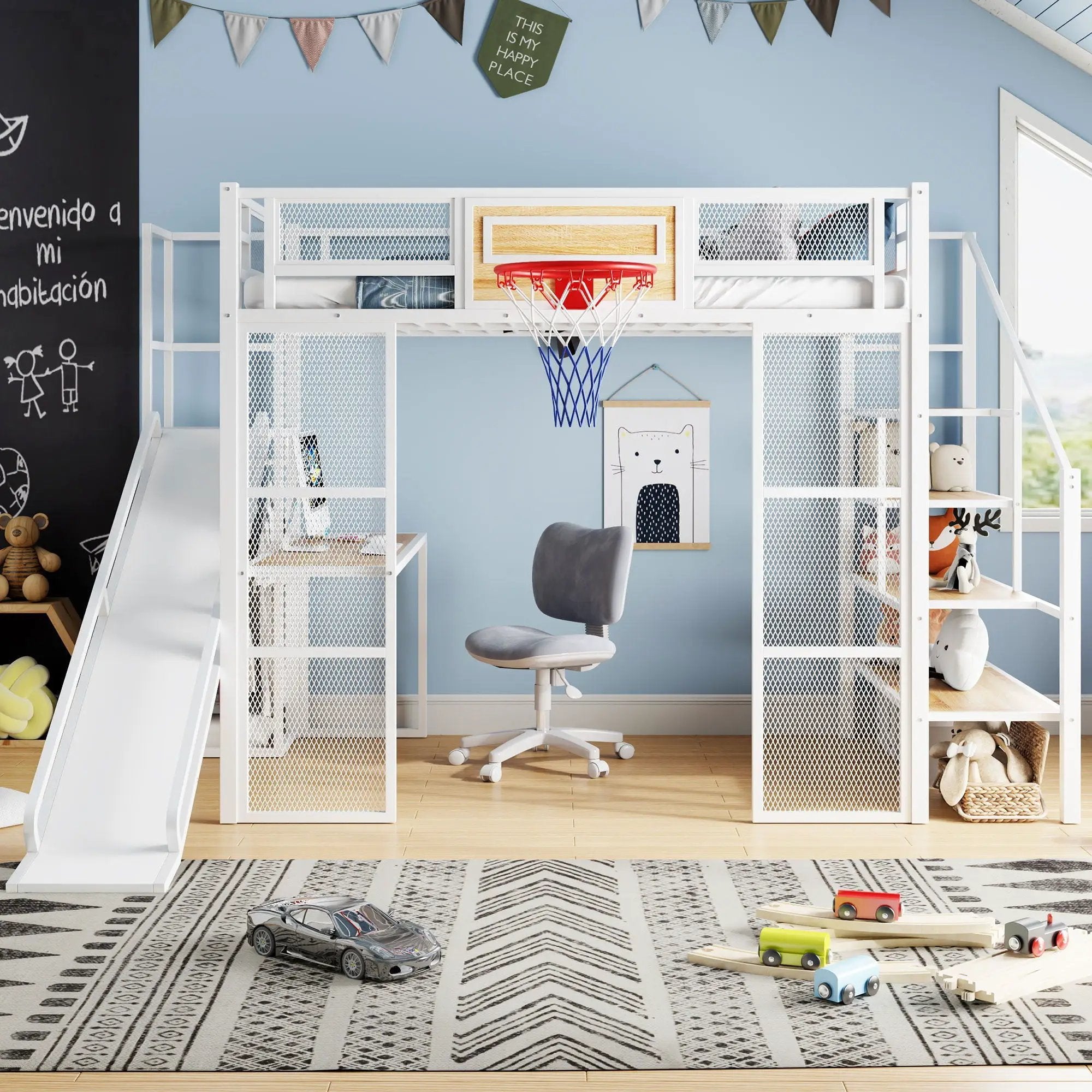 Loft Bed With Built In Desk, Open Wardrobe, Basketball Hoop, Slide And Staircase by Unique Piece Furniture