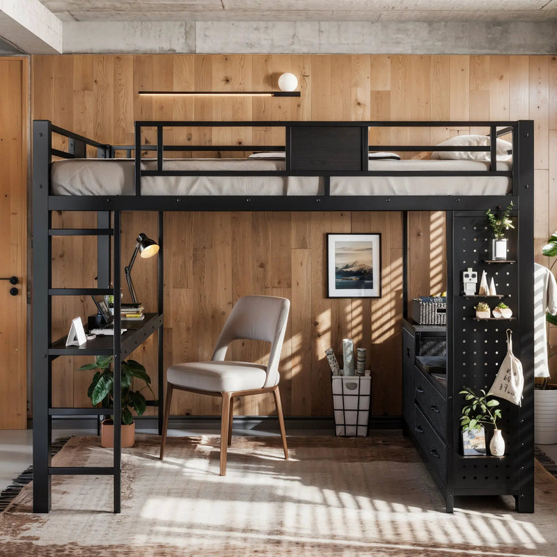 Queen Size Loft Bed with Desk & Shelves by HouseOfZazla