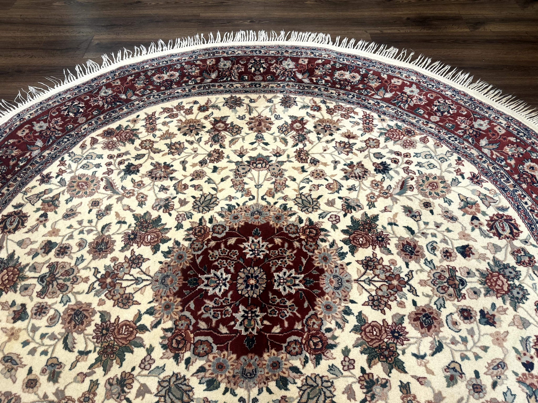 Round Sino Persian Rug 8x8, Wool and Silk, Floral Medallion, Ivory Dark Red by Jewel Rugs