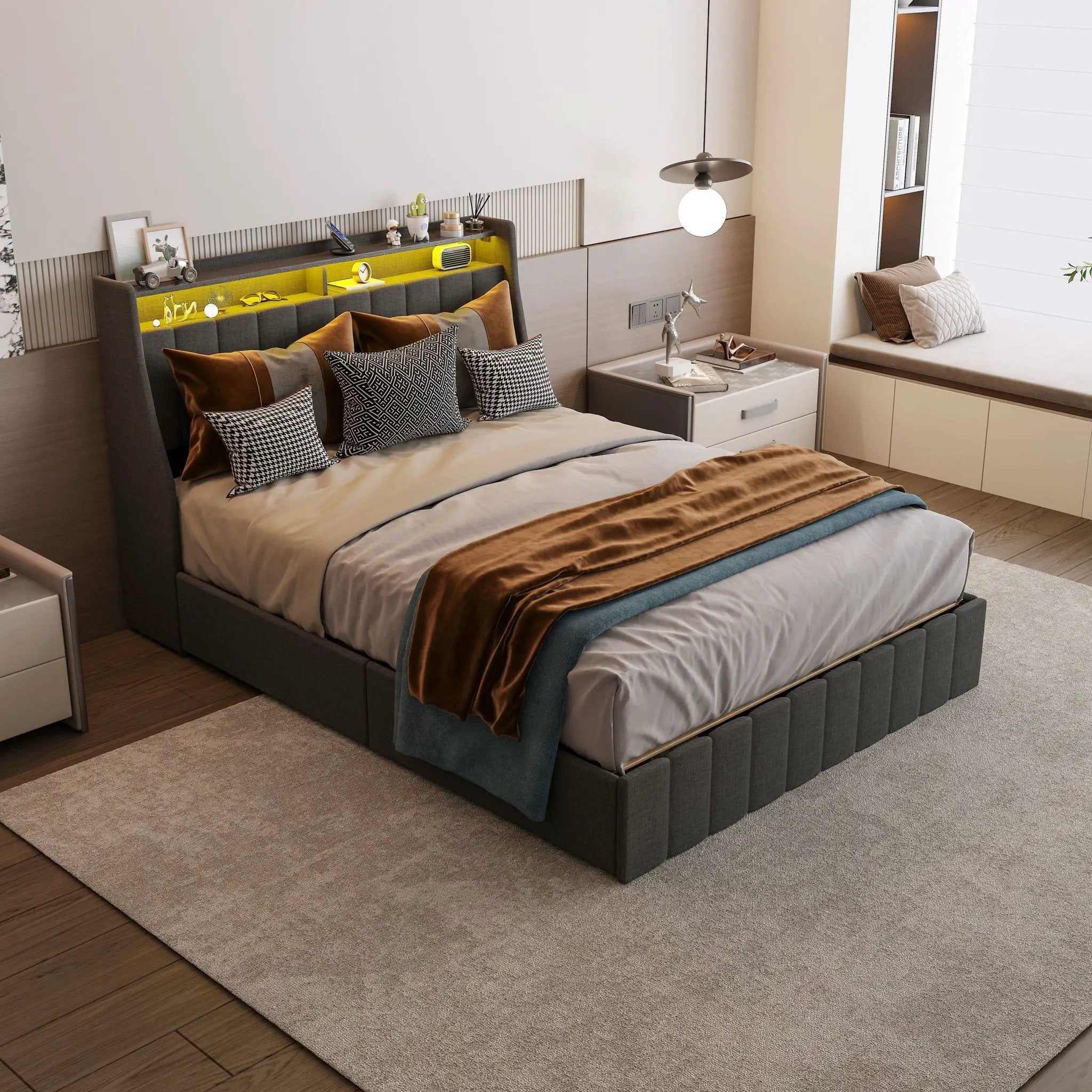 Bed With LED Lights, 4 Drawers, Winged Headboard Upholstered by HouseOfZazla
