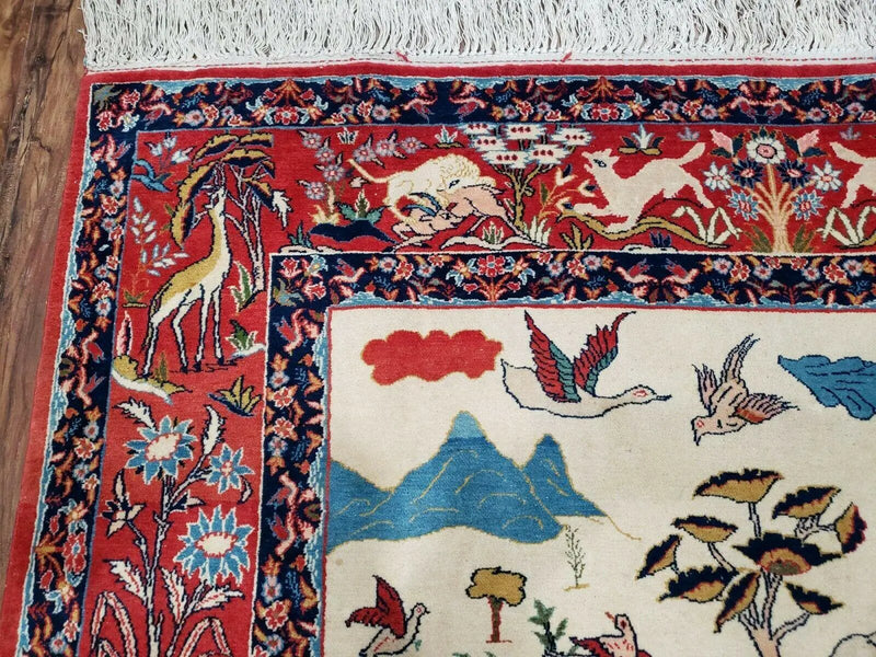 Antique Persian Isfahan Rug 5x7, Animal and Human Pictorials, Hand Knotted Fine Oriental Wool Carpet, Cream and Red, High KPSI, Vintage Rug 5 x 7 ft by Jewel Rugs