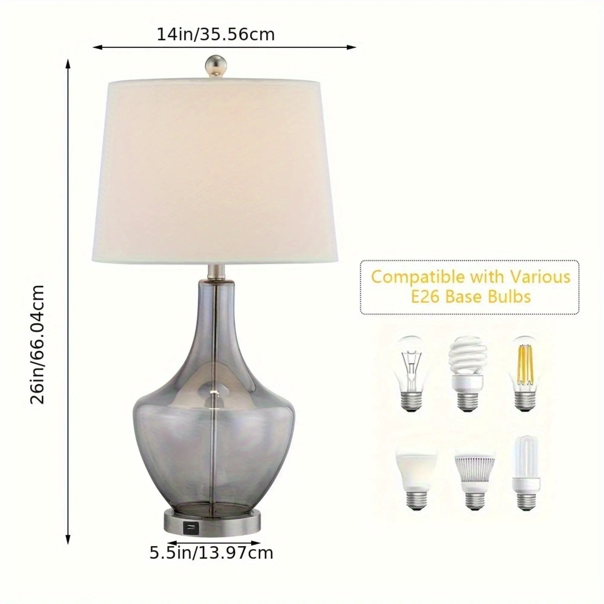 26-Inches Tall Single Glass Table Lamp with USB Charging Port by HouseOfZazla