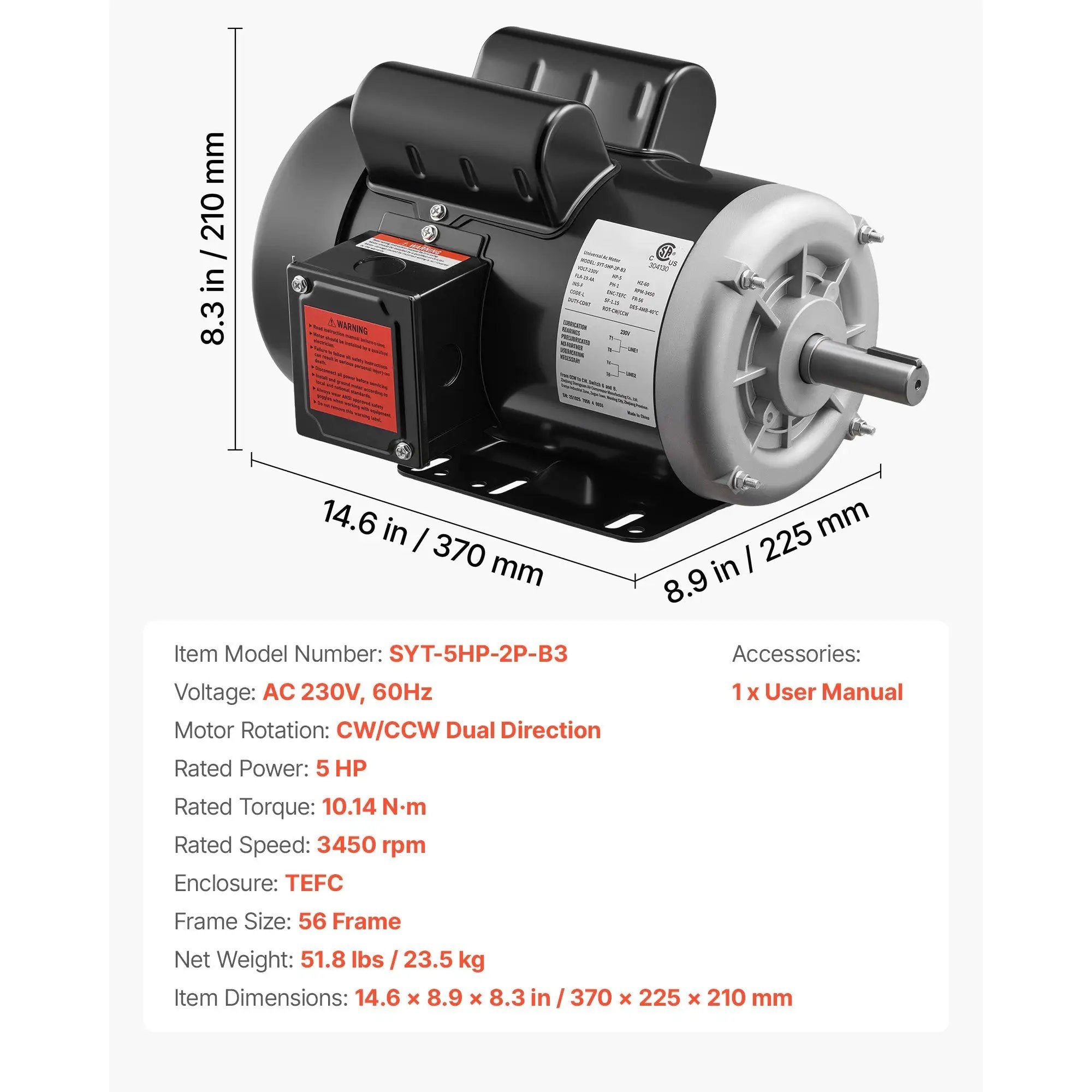 5 HP Electric Motor for Air Compressors, 3450 RPM, Single-Phase 230V by HouseOfZazla