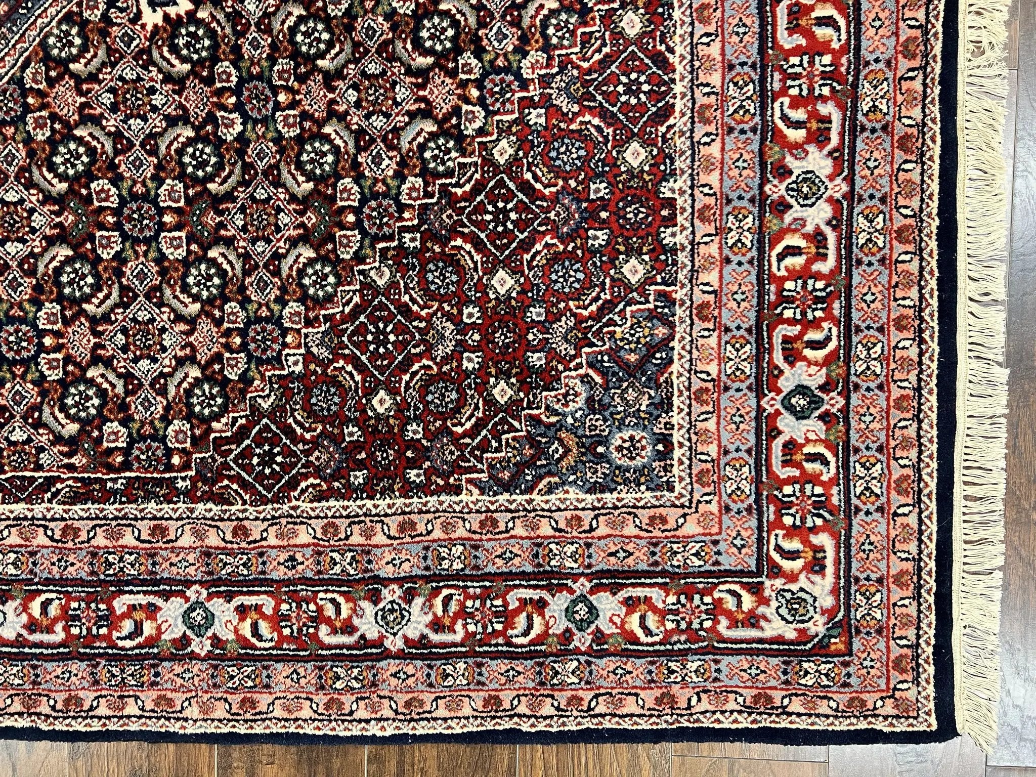 Indo Persian Rug 7x10, Dark Blue and Red Hand Knotted Wool Vintage Oriental Carpet 7 x 10 ft, Handmade Bidjar Rug, Herati Pattern Indian Rug by Jewel Rugs