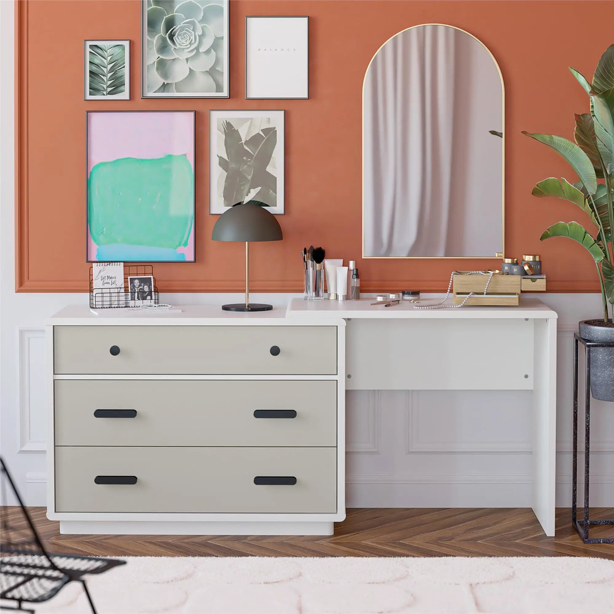 Valencia - 3 Drawer Dresser And Desk - Taupe by HouseOfZazla