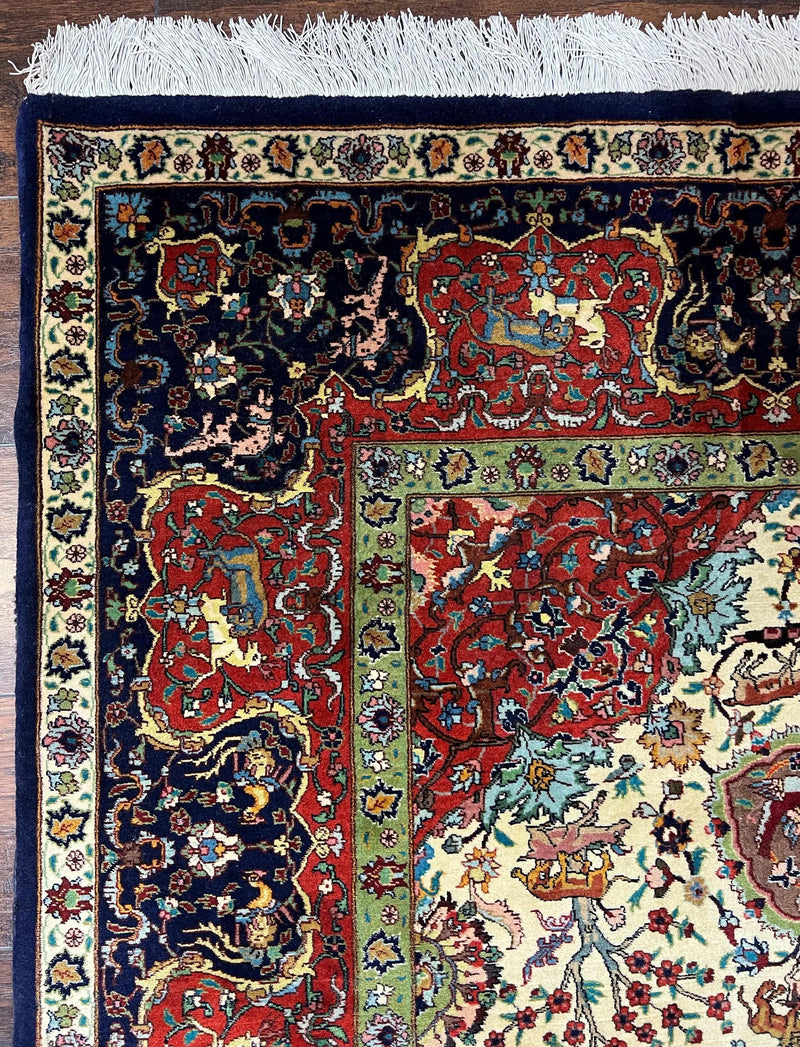 Wonderful Sino Persian Rug 6x10 with Animal Pictorial Motifs, Cream Dark Red Navy Blue, Birds Gazelles, Two Medallions, Top Quality Handmade by Jewel Rugs