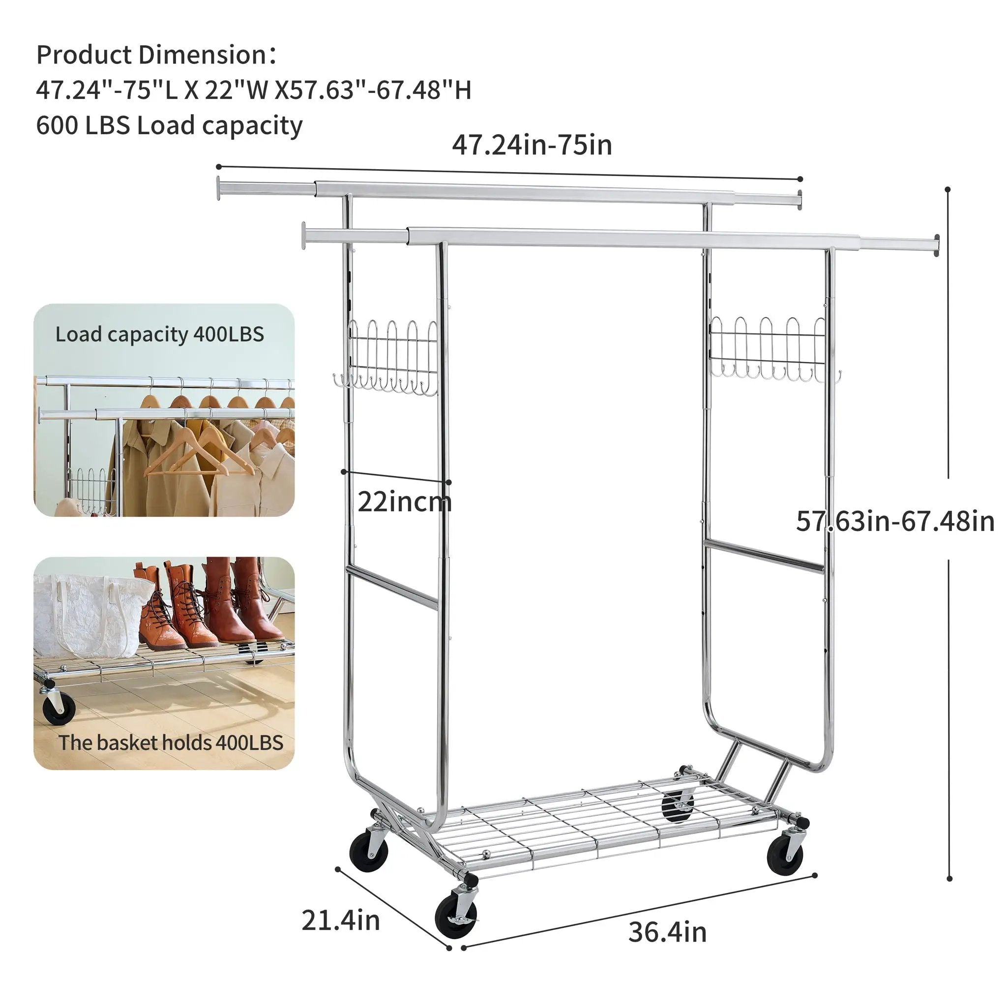 Heavy Duty Double Clothing Garment Rack With Shelves - Silver by Unique Piece Furniture