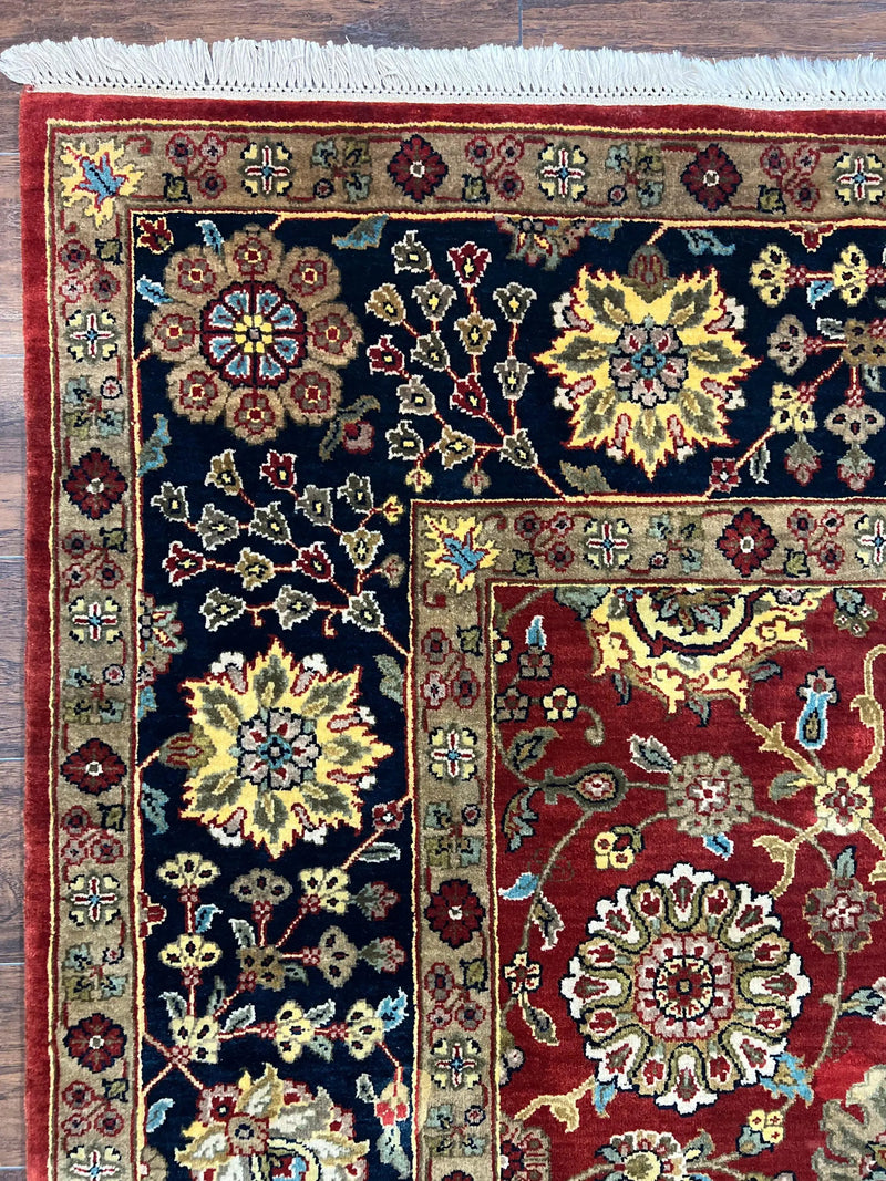 Indo Persian Rug 9x12, Hand Knotted Traditional Indian Wool Oriental Carpet 9 x 12 ft, Maroon and Navy Blue, Floral Allover 9x12 Vintage Rug by Jewel Rugs