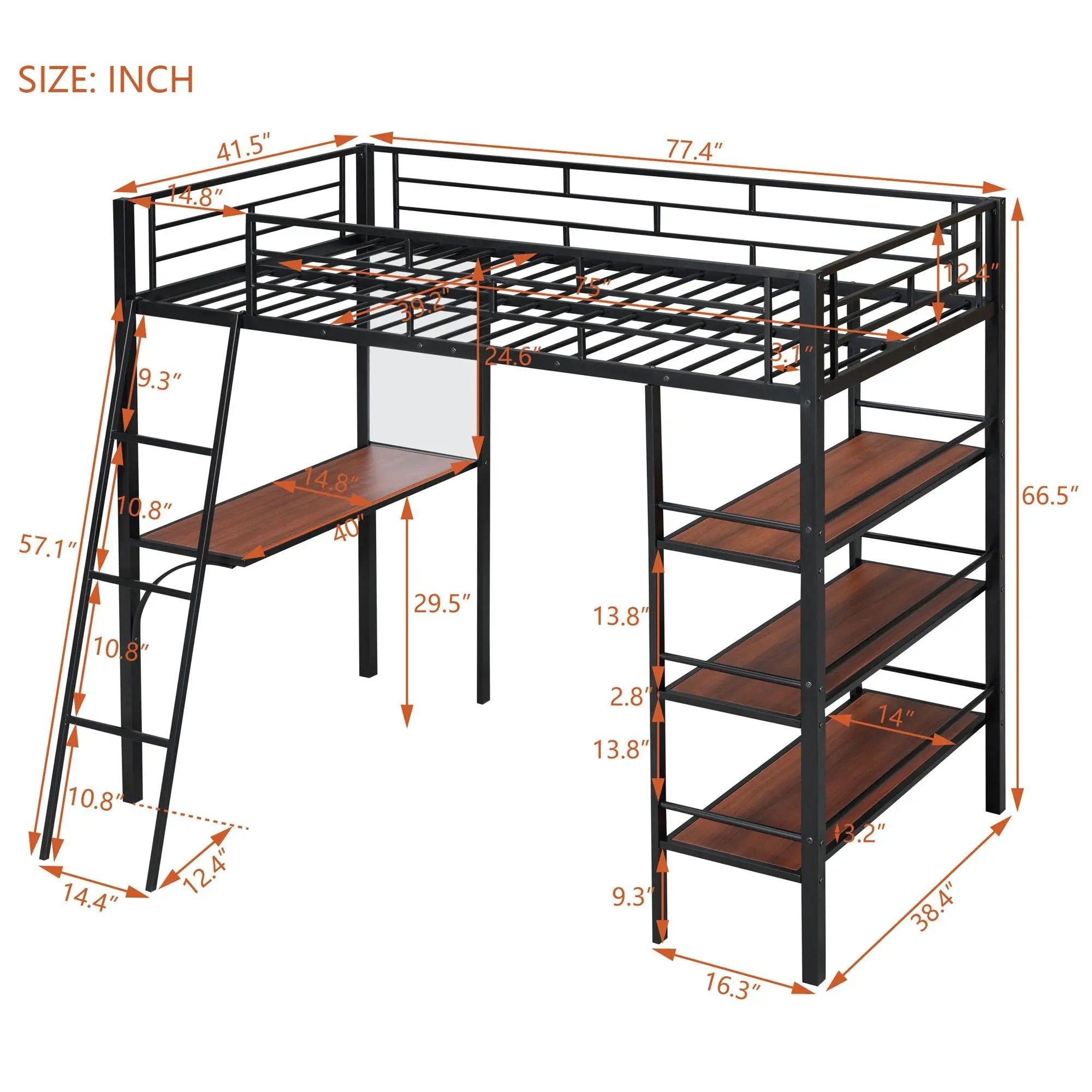 Loft Metal Bed With 3 Layers Of Shelves And Desk, Stylish Metal Frame Bed With board by Unique Piece Furniture