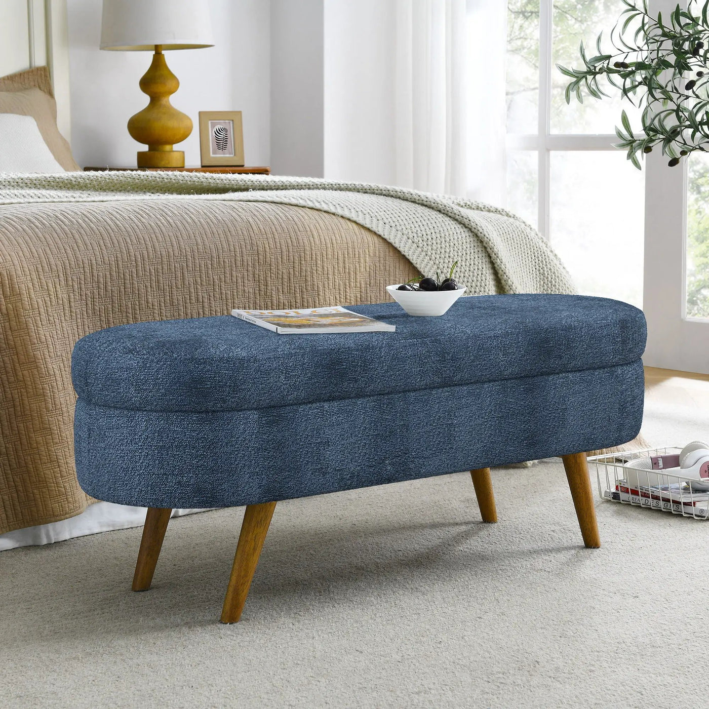 Modern Ottoman Oval Storage Bench With Rubber Wood Legs by Unique Piece Furniture