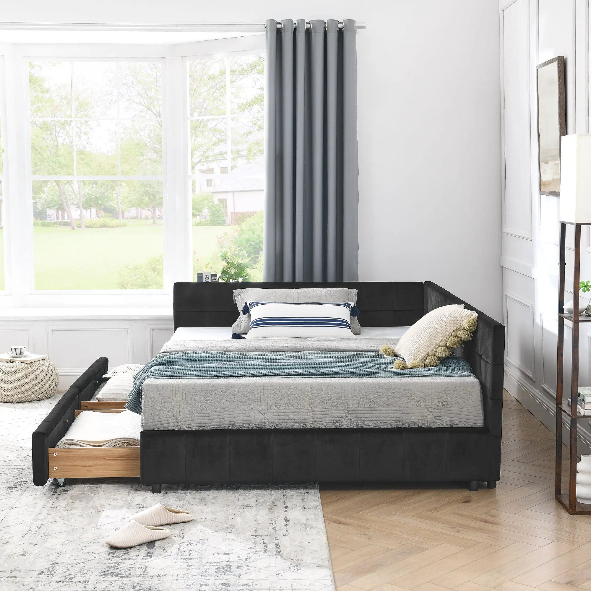 Mid-Century Storage Upholstered Tufted Bed Frame With Backrest And Armrests by Unique Piece Furniture