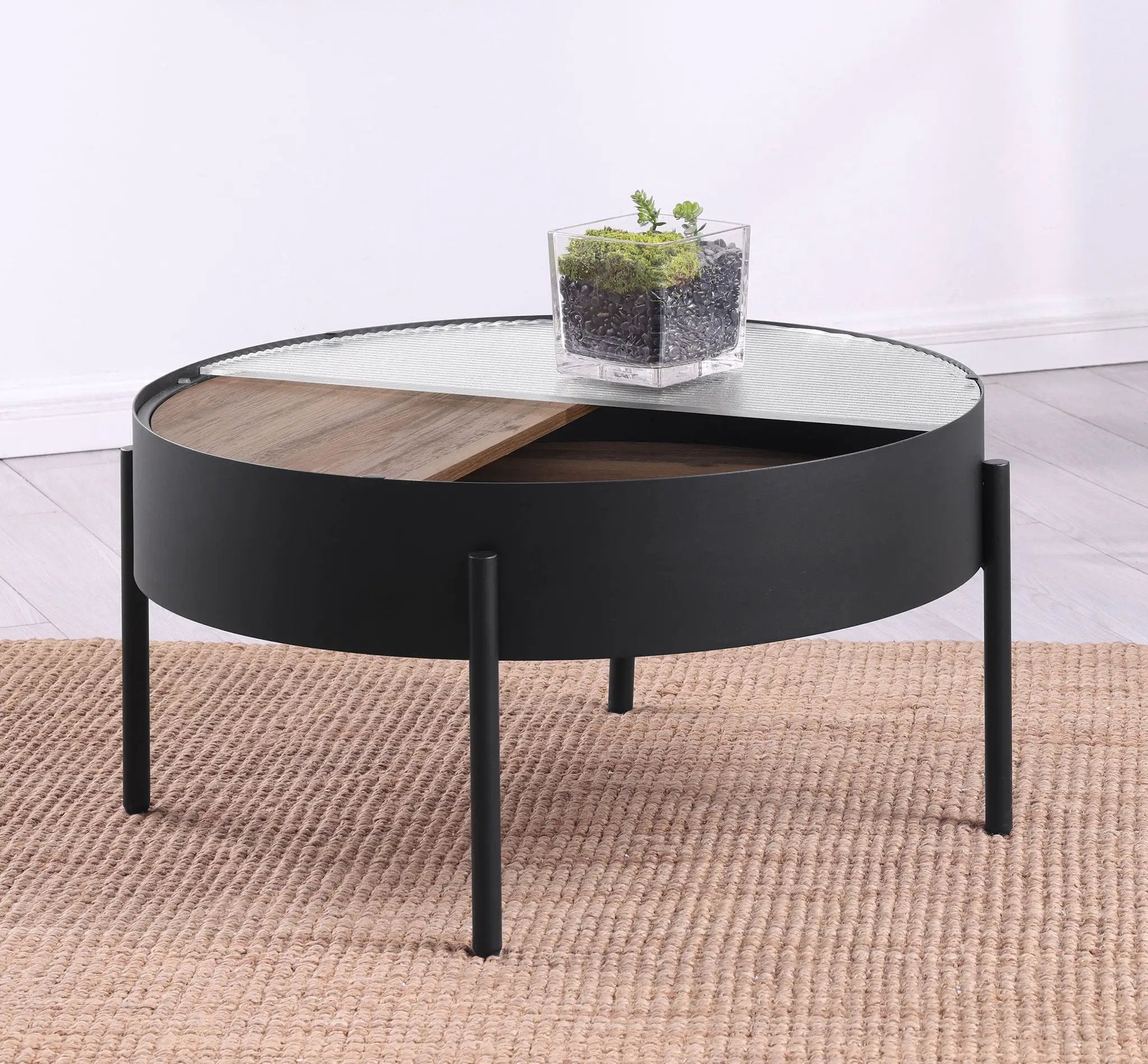 Ozella Round Coffee Table with Hidden Storage Sandy Black by Unique Piece Furniture