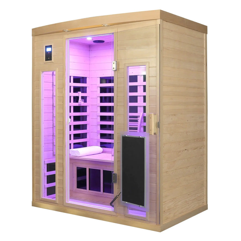 Low EMF, There is also a heating plate on the glass door, Hemlock wood Far-infrared indoor Three person sauna room by HouseOfZazla