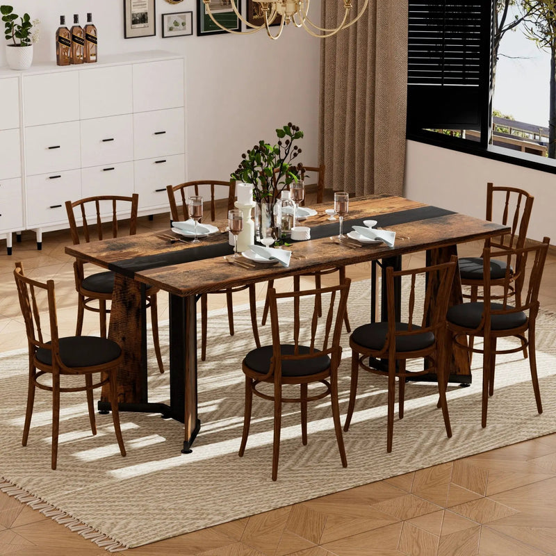 Rustic Rectangular Large Dining Table, Waterproof Desk For 8 People, & Steel With Adjustable Legs - Black / Rustic Brown by HouseOfZazla