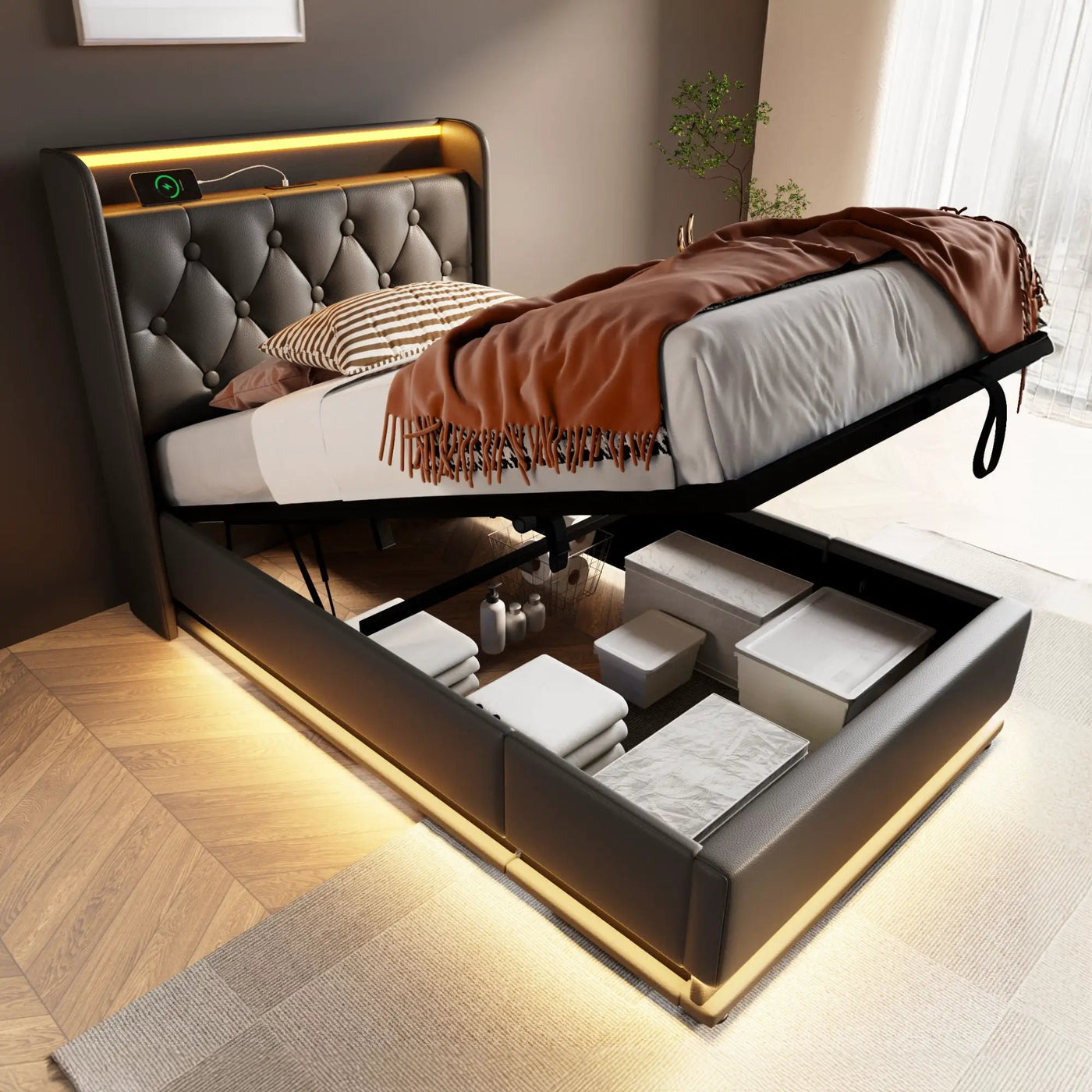 Upholstered Bed, 360 Surround LED Function, Remote Control, Hydraulic Storage Bed With USB, Type-C Charging (Without Mattress) by Unique Piece Furniture