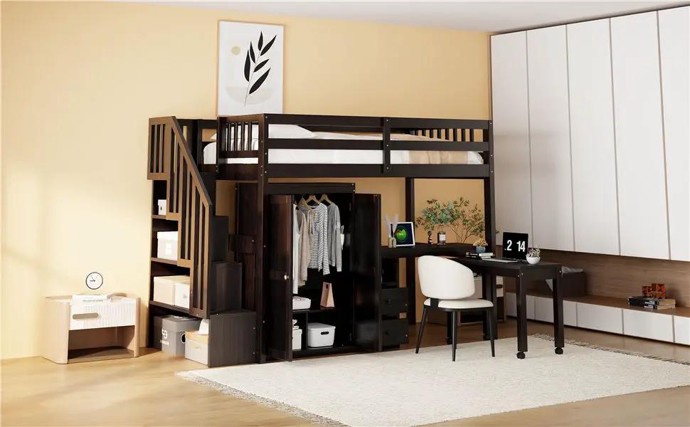 Loft Bed With Stairs, Bookshelf, Drawers, Desk & Wardrobe, Space Saving Multifunctional Furniture by HouseOfZazla