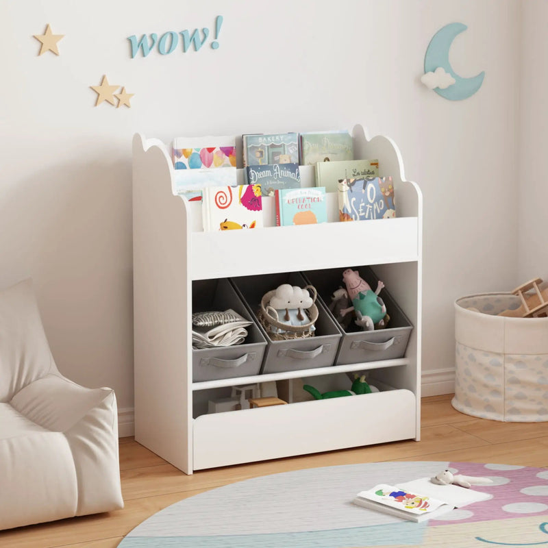 Bookshelf With Storage Bins And Drawer, Multi Functional Book Organizer For Toddlers - White by HouseOfZazla