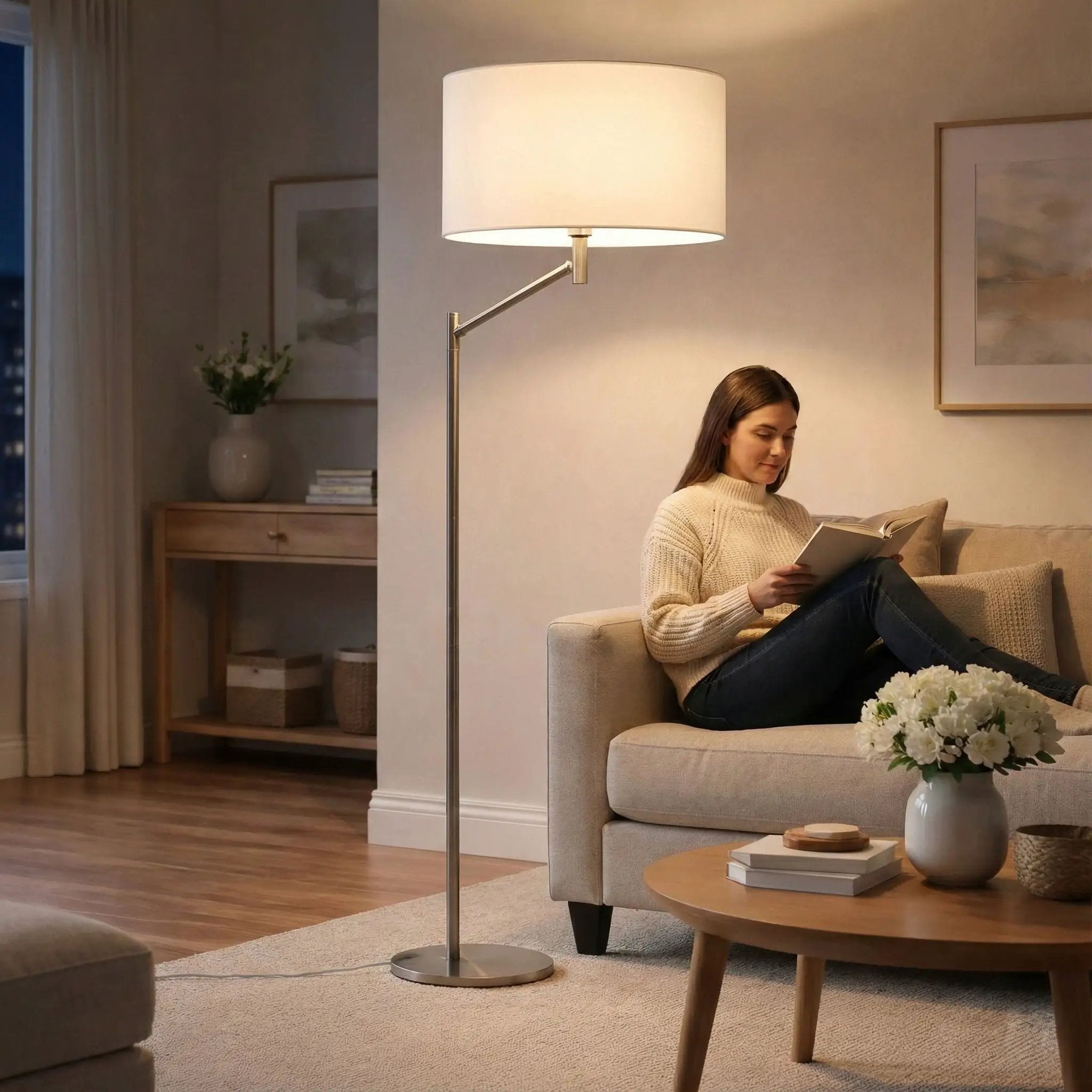 Horizon - Table Lamp With On / Off Switch Curved Base Linen Shade - Brushed Nickel / Silver / White by Unique Piece Furniture