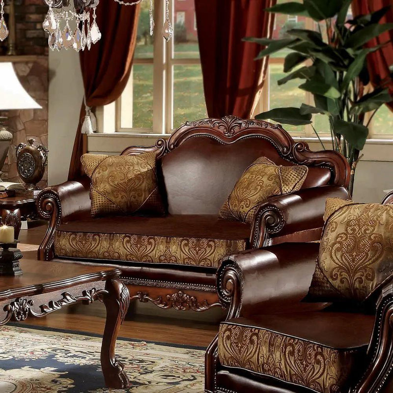 Dresden - Loveseat With 2 Pillows - Brown Synthetic Leather & Chenille, Cherry Oak by Unique Piece Furniture