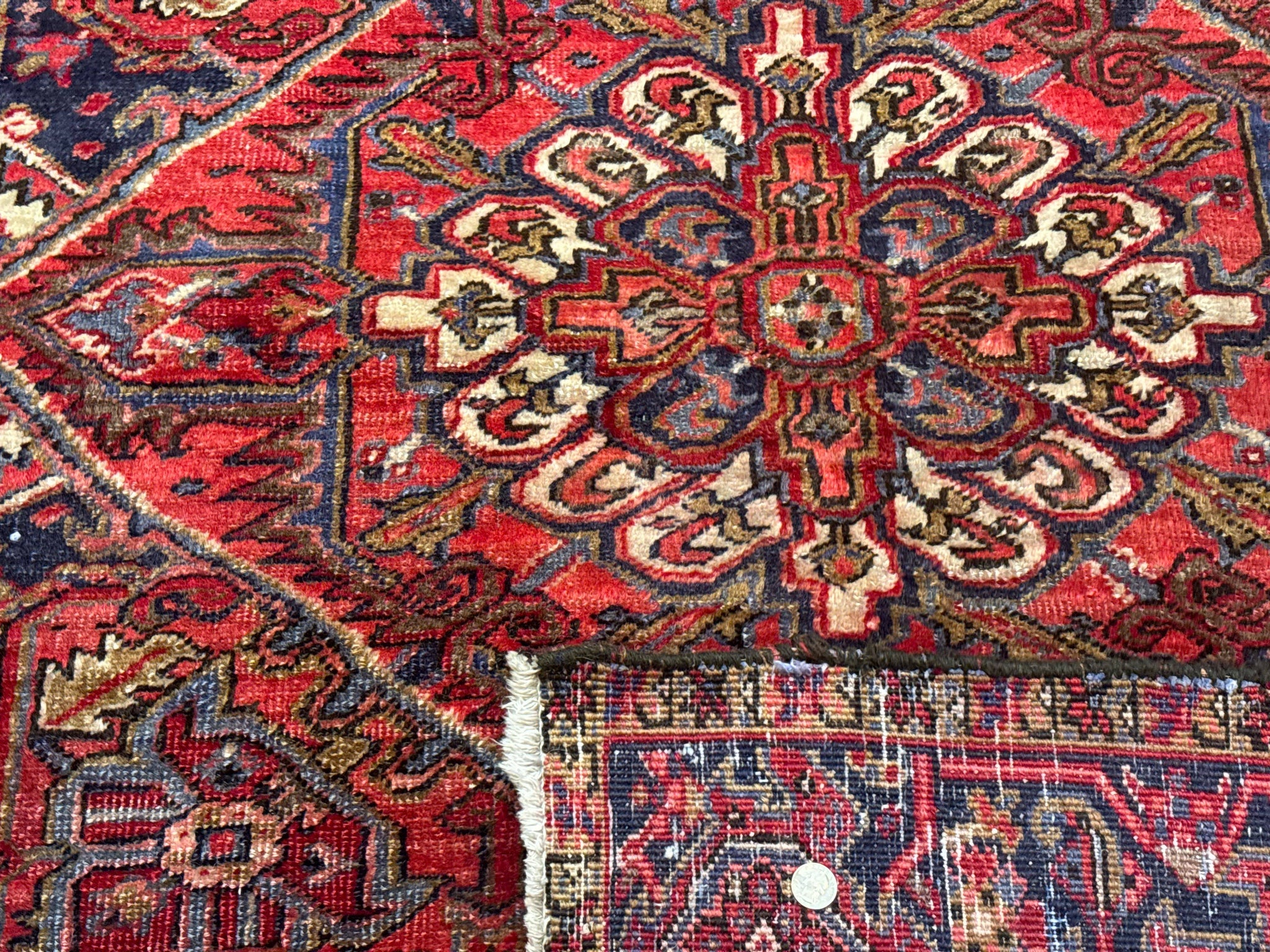Persian Heriz Rug 7x10, Geometric Pattern, Red Ivory Navy Blue by Jewel Rugs