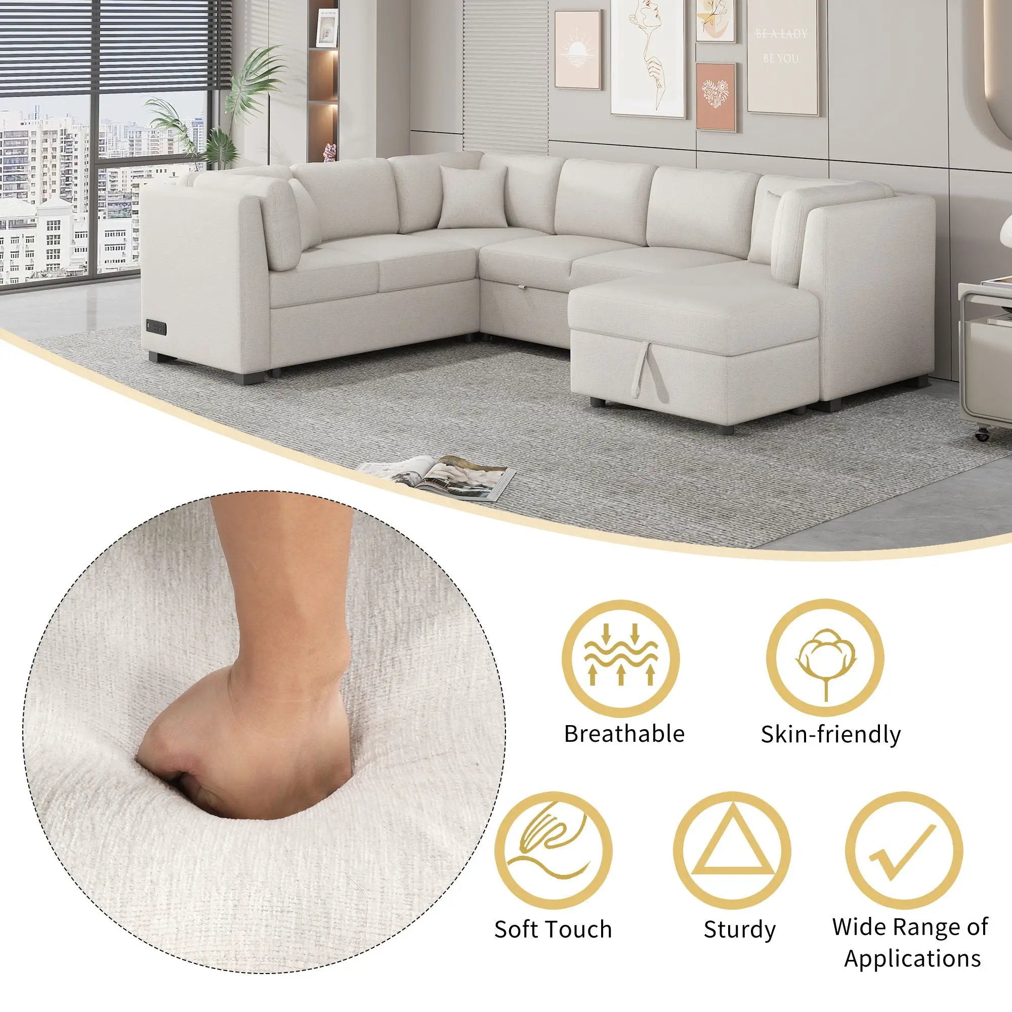 U-Shaped Sectional Sofa Pull Out Sofa Bed With Two USB Ports, Two Power Sockets, Three Back Pillows And A Storage Chaise For Living Room by HouseOfZazla