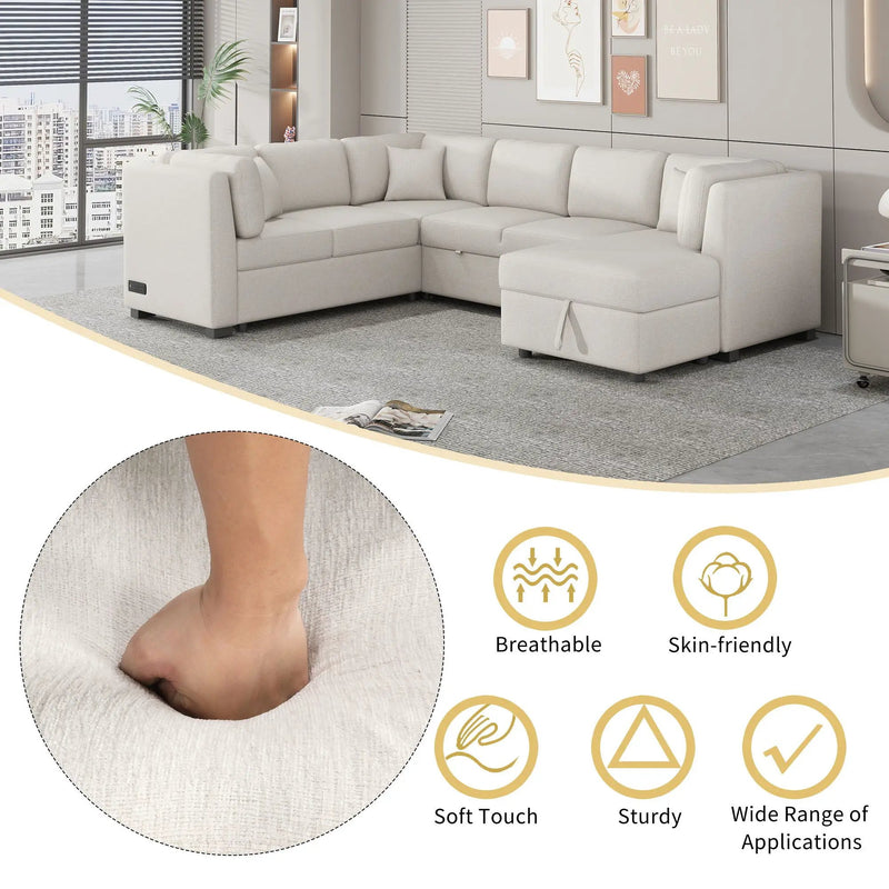 U-Shaped Sectional Sofa Pull Out Sofa Bed With Two USB Ports, Two Power Sockets, Three Back Pillows And A Storage Chaise For Living Room by HouseOfZazla