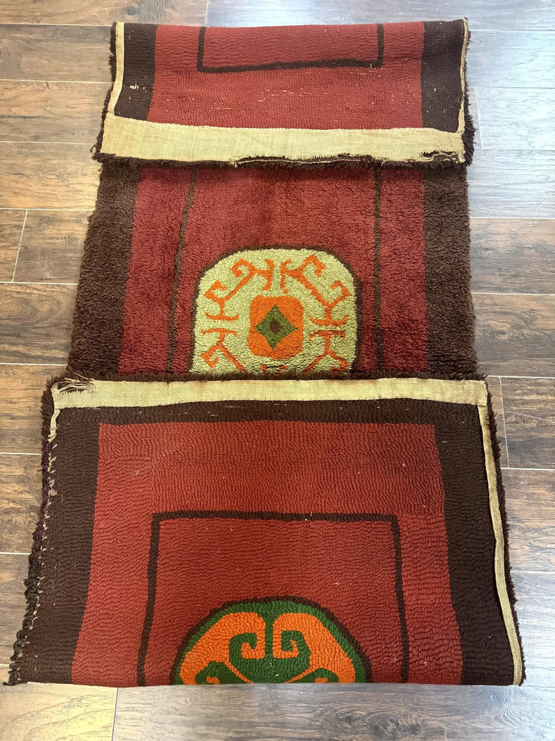 German Hooked Runner Rug 3x8, Vintage, Red, Wool by Jewel Rugs