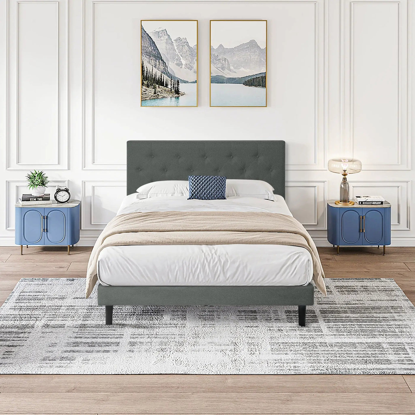 Modern Upholstered Platform Bed Frame With Button Tufted Fabric Headboard by Unique Piece Furniture